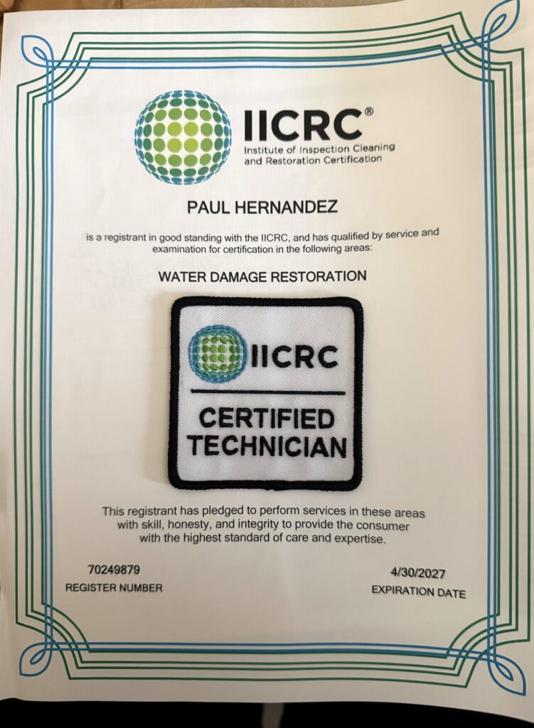IICRC Water Damage Restoration certificate, register number 70249879